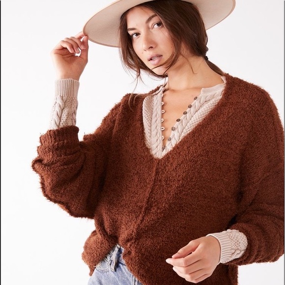 Free People Mocha Icing V-Neck Pullover - Picture 1 of 11